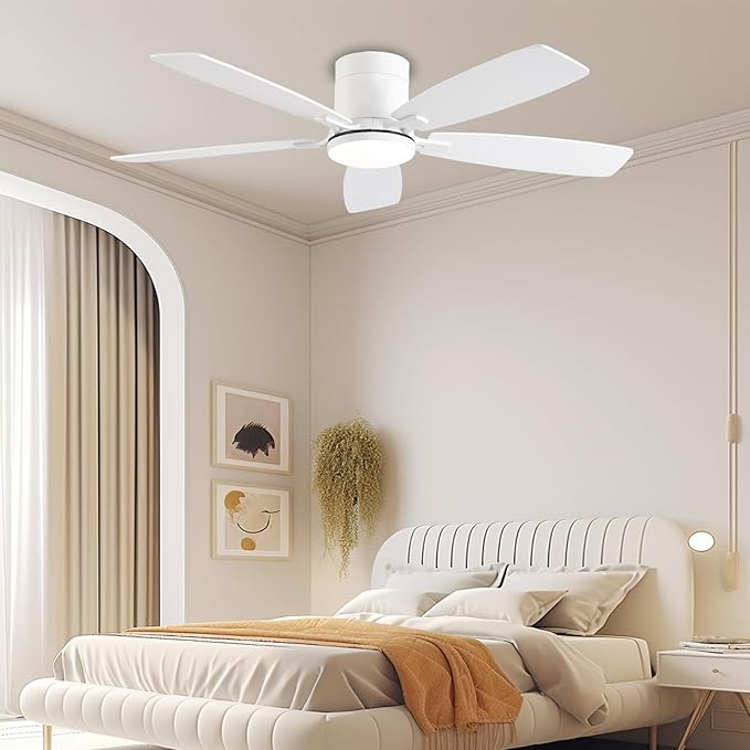 52inch Flush Mount Ceiling Fans with Lights and Remote/APP Control, Dimmable LED, Reversible DC Motor, Noiseless, Low Profile White Ceiling Fan for Livingroom, Indoor/Outdoor Use
