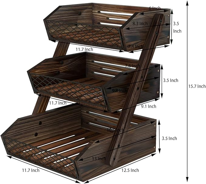 Dorhors Fruit Basket for Kitchen, 3 Tier Fruit Bowl for Kitchen Counter,Wooden Vegetable Holder for Countertop