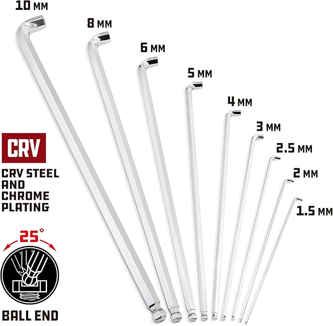 Powerbuilt 9 Piece Metric Stubby Long Arm Ball End Hex Key Wrench Set, Allen Hex Key Wrench, Extra Long Arm, Ball End, size 1.5 to 10mm - 240100