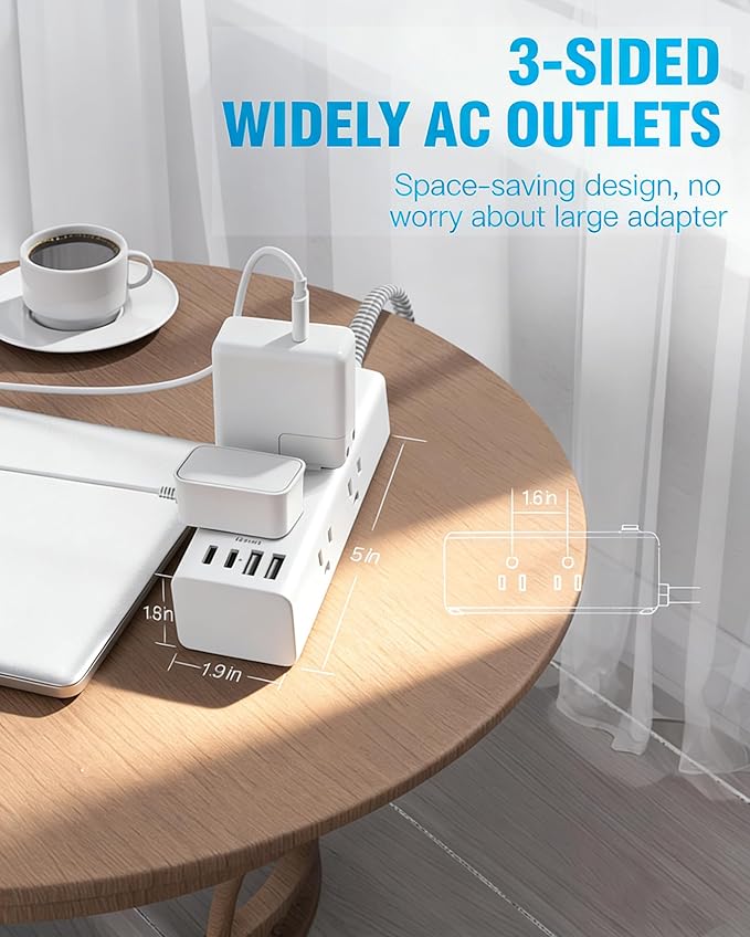 Flat Plug Extension Cord 10Ft, One Beat Surge Protector Power Strip 10 Ft Cord with 6 Widely Outlets 4 USB Ports (2 USB C), 3 Way Wall Outlet Extender Extension Cord for Home Office College Dorm Room