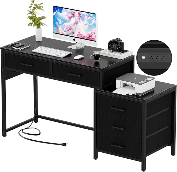 Unikito Reversible Computer Desk with 5 Drawers, Sturdy Office Desk with Power Outlets and USB Ports, Corner Writing Table with File Cabinet & Printer Stand, Vanity Desk with Storage, Black