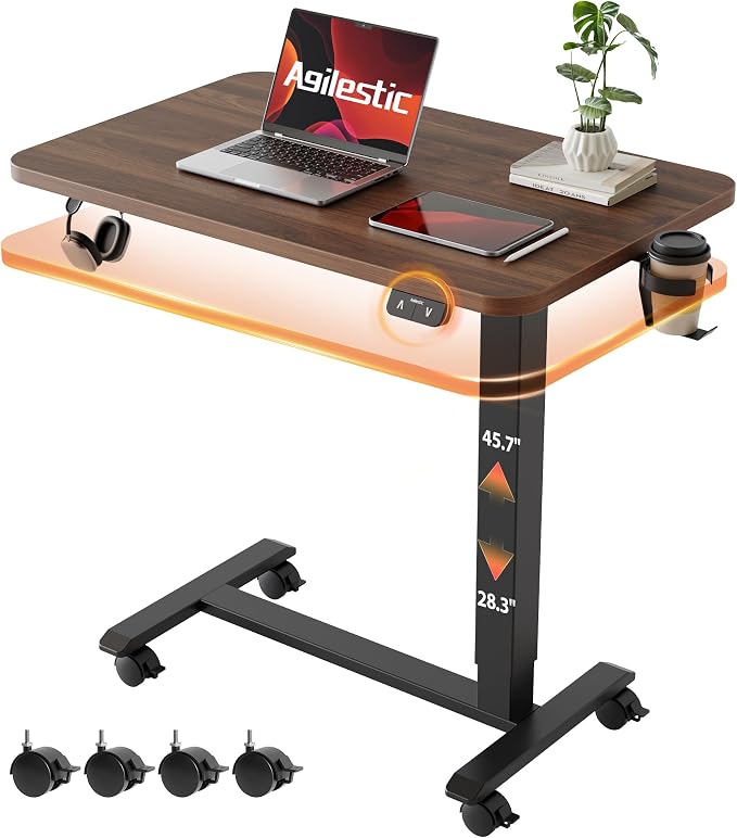 Agilestic 26*16 Inch Height Adjustable Electric Standing Desk, Dark Walnut | Sit Stand Up Computer Desk, with Wheels, Memory Presets, Stable Steel Frame, 88 lbs, Easy Assembly, Home Office, Studying