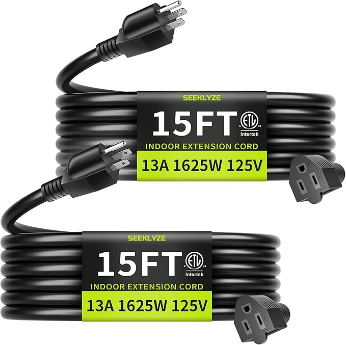 16/3 Black 15 FT (2Pack) Extension Cord, Indoor Extension Cord for Laptops, Coffee Makers, Office Home Appliances, 3 Prong Resistant Cable Flexible, 13A 125V 1625W ETL Listed