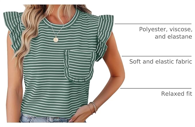 JUSTFASHIONNOW Womens Summer Tops Striped T-Shirts 2026 Ruffle Short Sleeve Crew Neck Casual Blouses with Pocket