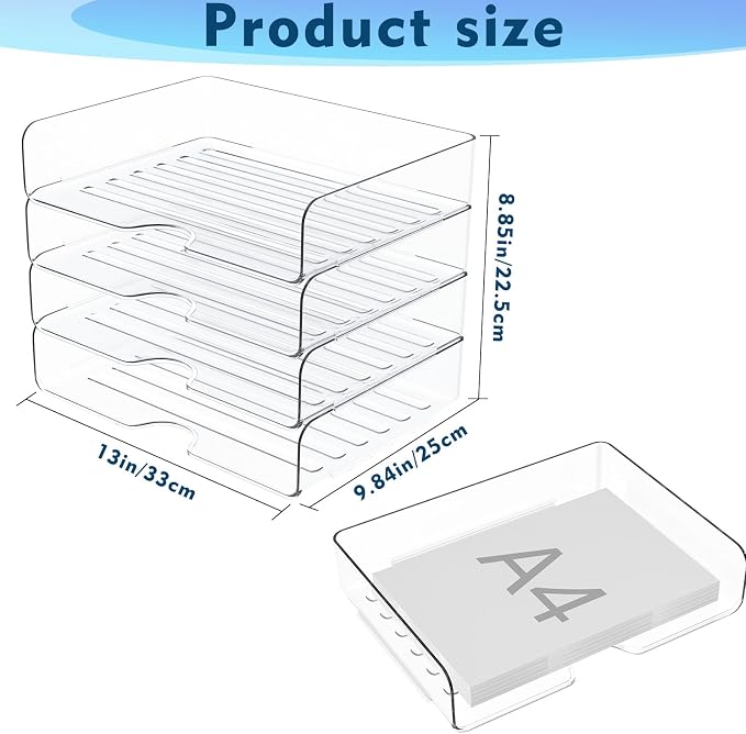 Vivihomety Paper Organizer Letter Tray, 4-Pack Acrylic File Organizer, Clear