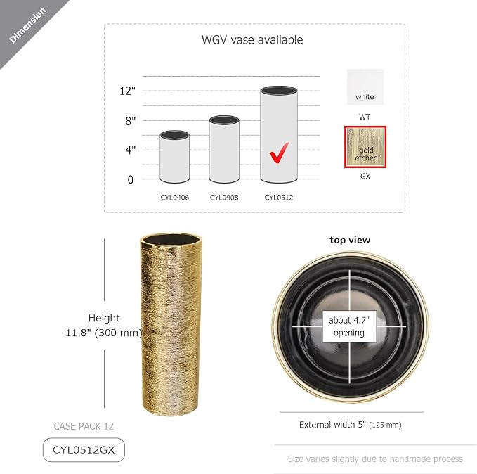 WGV Ceramic Cylinder Vase Bulk Width 5" Height 12" Elegant Unique Modern Matte Floral Container Planter Pot Centerpiece for Event Party Wedding Office Home Decor, Gold Textured 6 Pieces