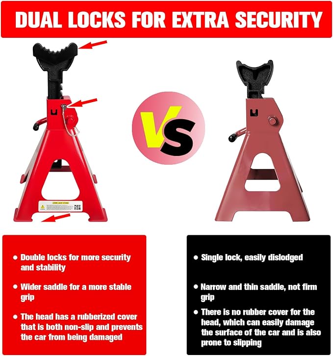 Jack Stands 6 Ton (13,200 LBs), 15.6"-23.4" Adjustable with Double Pin Locking，Heavy Duty Jack Stands with Extra Rubber Pads,Jack Stands for Trucks,Car Lifts for Home Garage,Lifting SUV,1 Pair Red