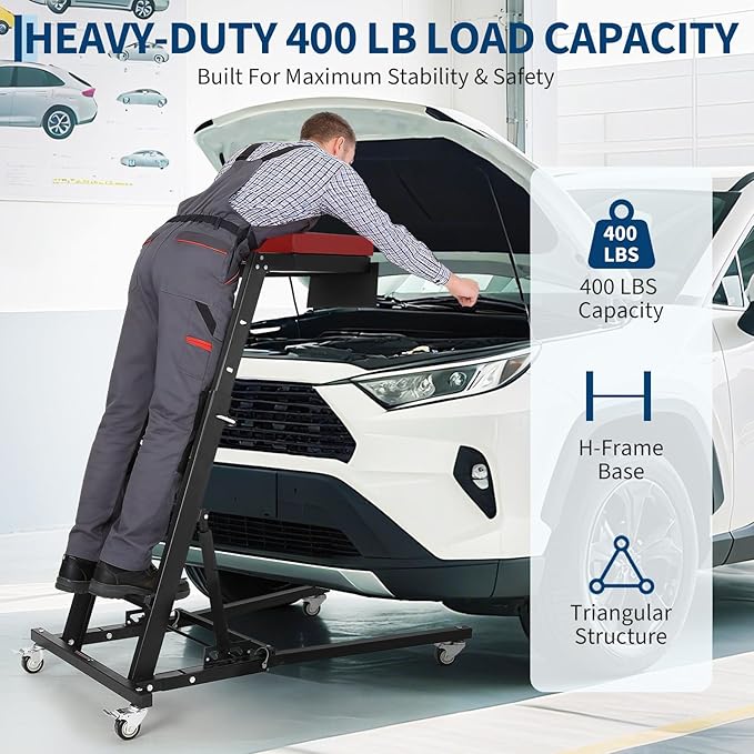 Professional Topside Automotive Engine Creeper, Heavy Duty 400LB Capacity Top Automotive Creeper with Adjustable Heights 45-65 Inch, 4 Locking Swivel Casters, Padded Deck & Tool Pouch for Garage