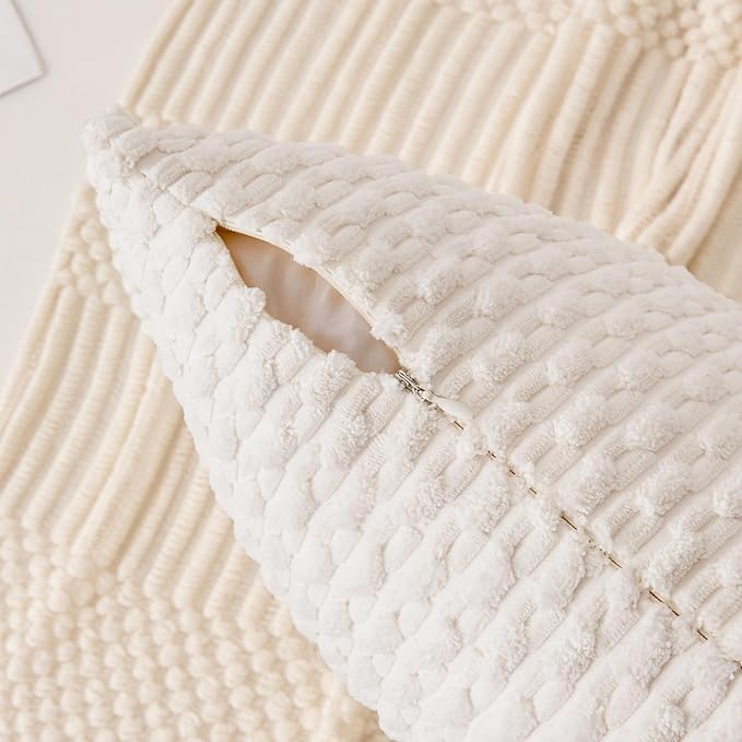 Kevin Textile Soft Corduroy 14"x36" Lumbar Pillow Cover 1 Pack, Pure White | Boho Stripe Plush Corduroy Decorative Oblong Cushion Cover Modern Farmhouse Home Decor for Sofa Couch Bed Chair