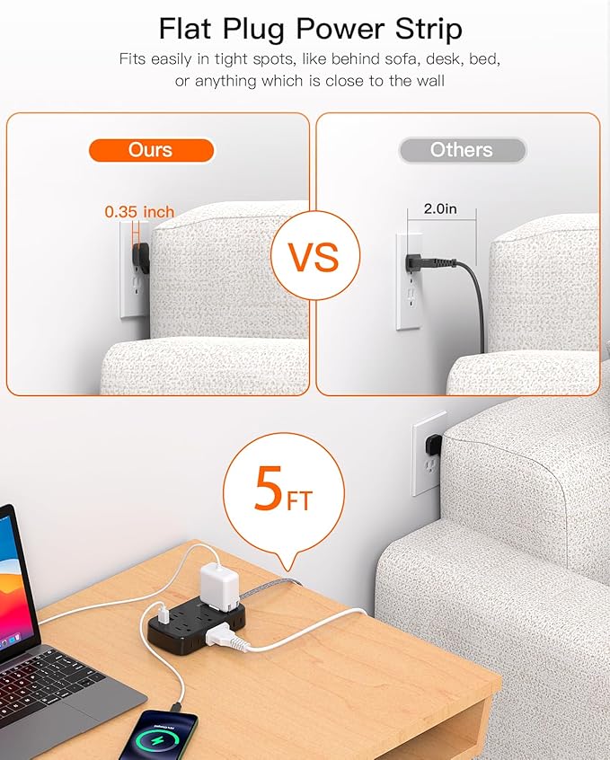 Black Extension Cord, BESHON 5FT Flat Plug Power Strip with USB C, 6 Outlets 4 USB Port(2 USB C), No Surge Protector, Cruise Ship, Dorm Room Travel Essentials
