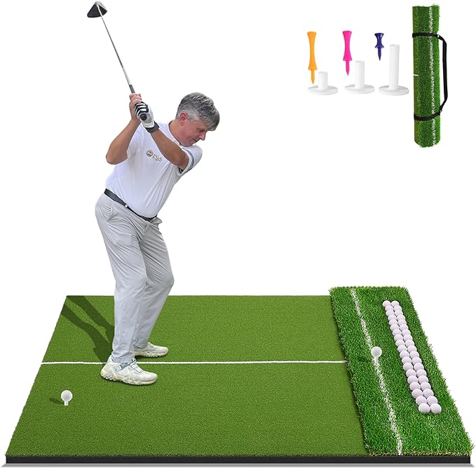 Dual-Turf 45/50MM Golf Hitting Mat, Built-in Ball Tray, Alignment Aid, Golf Mat Practice Outdoor & Indoor, Driving Chipping Putting in Backyard Garage Basement, Gift for Men Dad Golfer