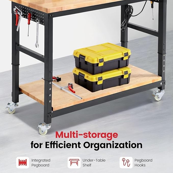 ENJOYWOOD 60" x 22" Heavy Duty Workbench with Wheels, Adjustable Height Garage Work Table with Solid Rubberwood Top, Double Layer Shelf, Sided Pegboard & Power Outlets for Home & Workshop