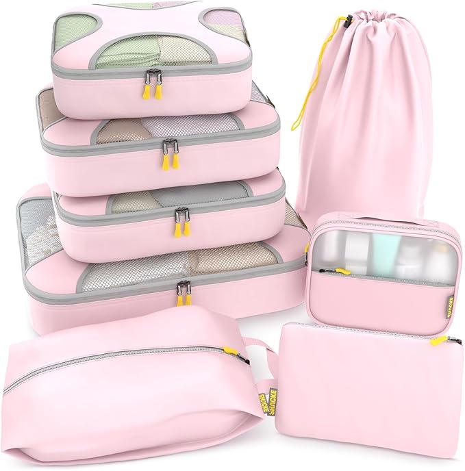 Shacke Premium 8 Packing Cubes Set - Lightweight Mesh Travel Luggage Organizers with Laundry Bag, 8-Piece Suitcase Storage System (Petal Pink)