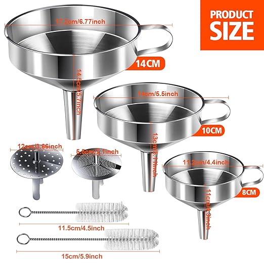 YGDZ Stainless Steel Funnel, 3PCS Kitchen Funnels for Filling Bottles Set, Large Food Grade Metal Funnel with 3pcs Removable Strainer, 2pcs Brushes, Funnels for Kitchen Use, Bottle Funnel for Liquid
