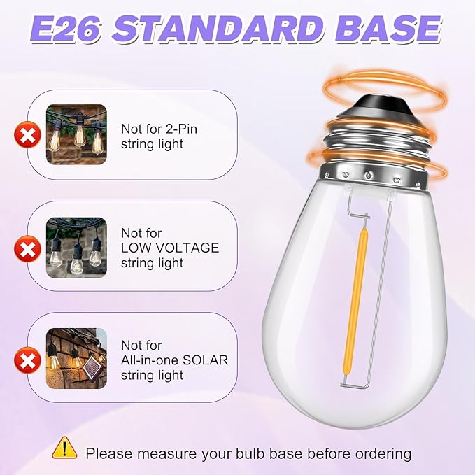 64 Pack Shatterproof S14 LED Replacement Bulbs for Outdoor String Lights, 1W Equivalent to 11W Incandescent Bulb, Warm White 2200K, Dimmable, E26 Base