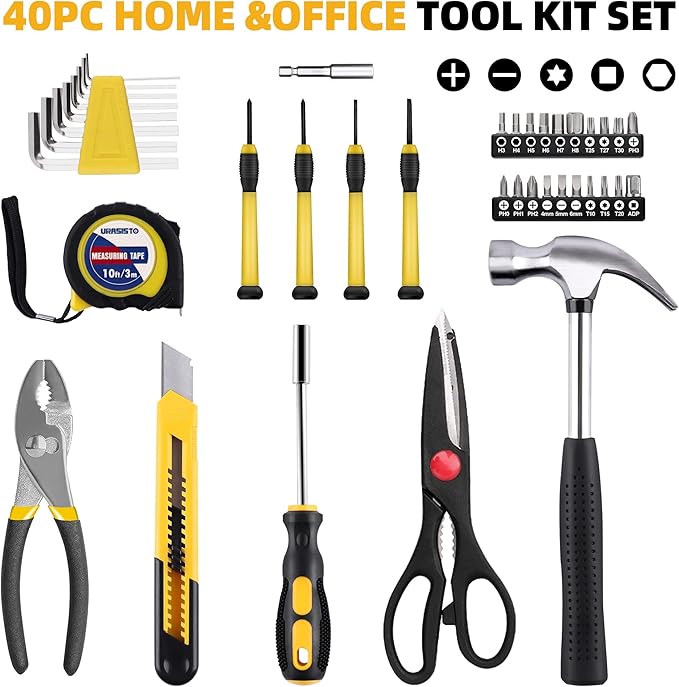 URASISTO 40-Piece Home Tool Kit with Easy Carrying Box, Small Basic Hand Tool Set Perfect for DIY Building, Home Maintenance and Woodworking, Great for College Students