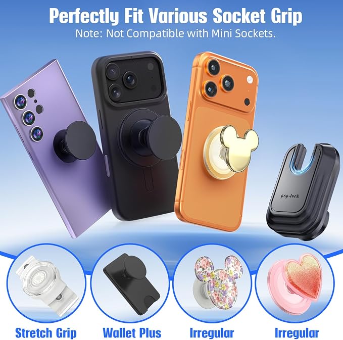 Car Phone Mount for Pop Socket: Strong Adhesive Cell Phone Holder for Automobile Dashboard - Adjustable Dash Sticky Cellphone Stand for iPhone Samsung with Thick Socket Wallet Grip Card Holder