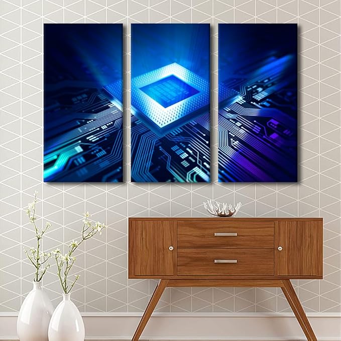 TUMOVO 3 Panels House Decorations Wall Art CPU Concept Wall Pictures for Living Room Computer Chip Canvas Wall Art Digital Age Modern Wall Painting Prints on Canvas Framed Ready to Hang(40" Wx60 H)