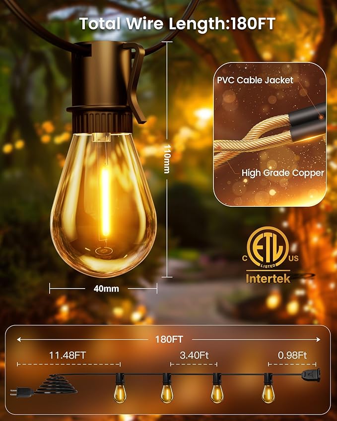 Torkase Outdoor String Lights 180FT, Patio Lights with 53 Dimmable S14 Plastic Bulbs 2 Spare, 2200K Waterproof Connectable Hanging Lights for Backyard Porch Cafe Party Decor