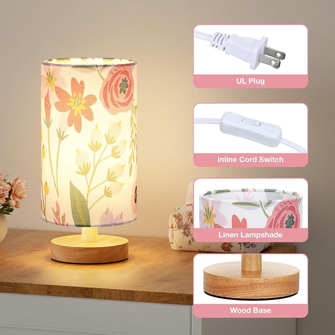 Fenmzee Small Table Lamps (Floral White Shade, 9" Inline Control) | 3000K LED Blub Included | 680 Lumens | Easy Assembly | Minimalist Design | E26 | for Kitchen | for Kids Room