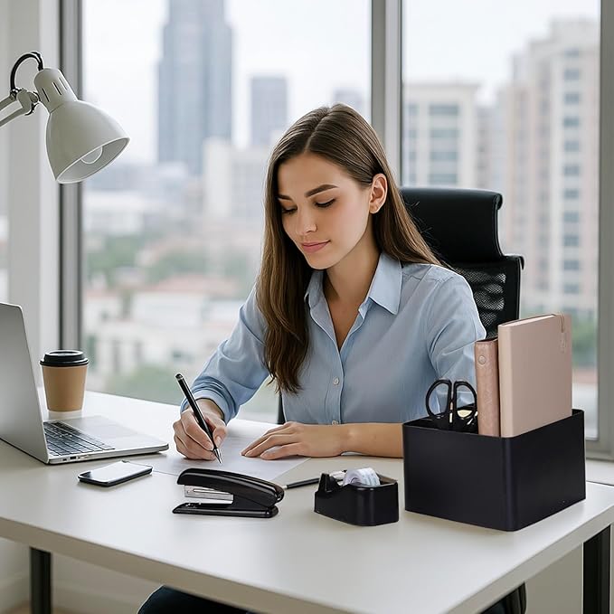 Black Desk Organizers and Accessories 12+1Pcs, Office Supplies for Desk, Pen Organizer with 2 Drawers with Stapler,1000 Staples, Phone Holder, Tape Dispenser, Pen Holder, Sticky Note, Clips, Ruler,Etc