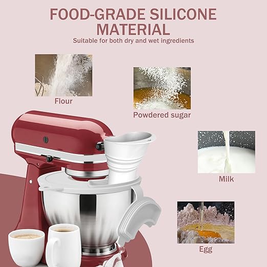 2Pcs Flour Funnel for Kitchen Mixer Bowl Cover Set, Compatible with Kitchen 4.5-5 Tilt-Head Stand Mixer, Anti-Splash Baking Accessories, Dishwasher Safe Comes with Brush, Shovel, Scraper