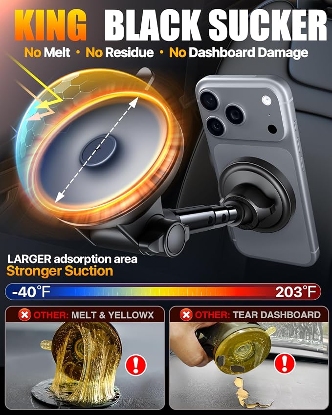 HTU 2026 Upgraded for Magsafe Car Mount [80LBS Strongest Suction & Military-Grade] Powerful Magnetic Cell Phone Holder for Car Dashboard Windshield for iPhone 17 16 15 14 Pro Max Mini,Black