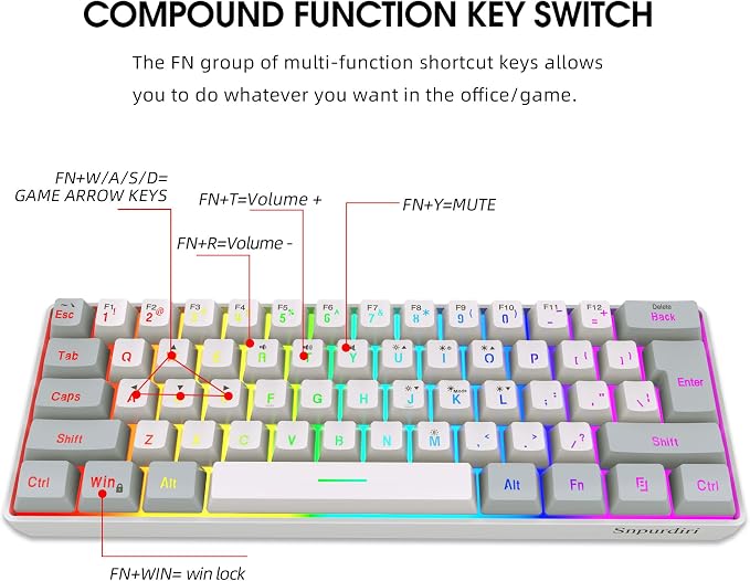 Snpurdiri 60% Wired Gaming Keyboard, 61 Keys RGB (Grey-White) | Backlit Small Gaming Keyboard for PC/Mac Gamer, Typist, Travel, Easy to Carry on Business Trip