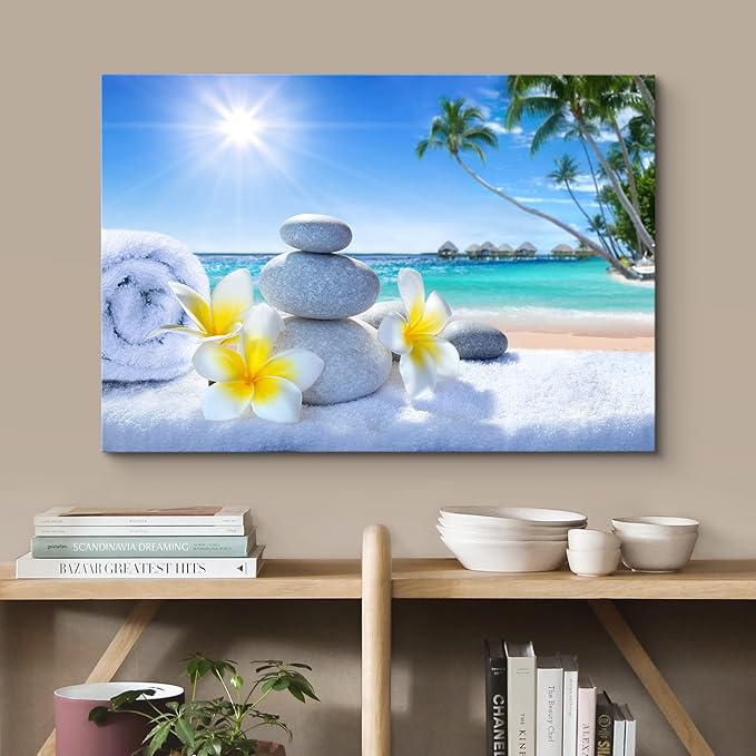 wall26 Canvas Print Wall Art White Massage Stones on Vibrant Beach Nature Floral Photography Realism Tropical Landscape Colorful Multicolor for Living Room, Bedroom, Office - 32"x48"