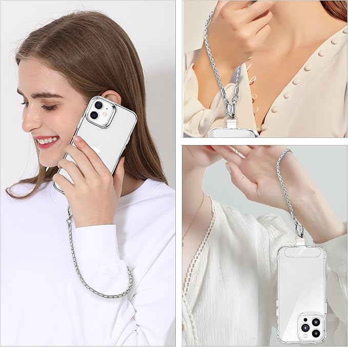 Phone Wrist Strap Metal Phone Chain Lanyard Hand Wristlet Detachable Phones Charm with 3 Tether Tabs with CellPhone Stand Holder Finger Grip Universal for Women Girls Traveling Party Walking Silver