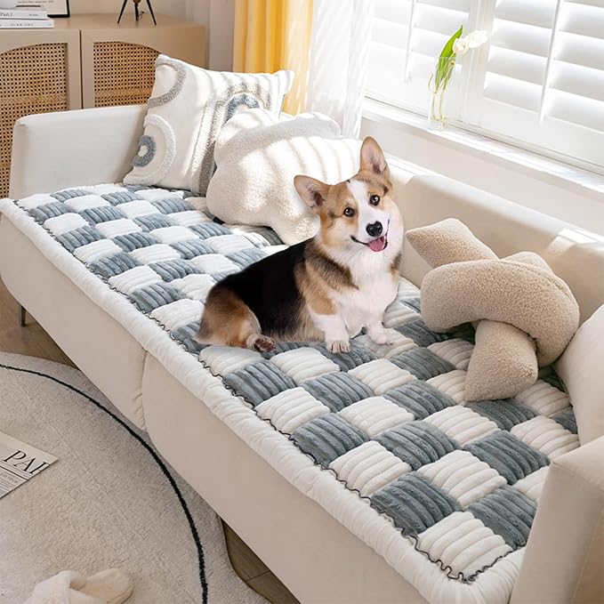 FunnyFuzzy Cream-Coloured Plaid Square Pet Mat Bed Couch Cover, Winter Thickened Dog Bed Cover Pet Blanket Sofa Couch Furniture Protector for Kids Dog Cat(Size:27.6 * 82.7 in,Color:Grey)