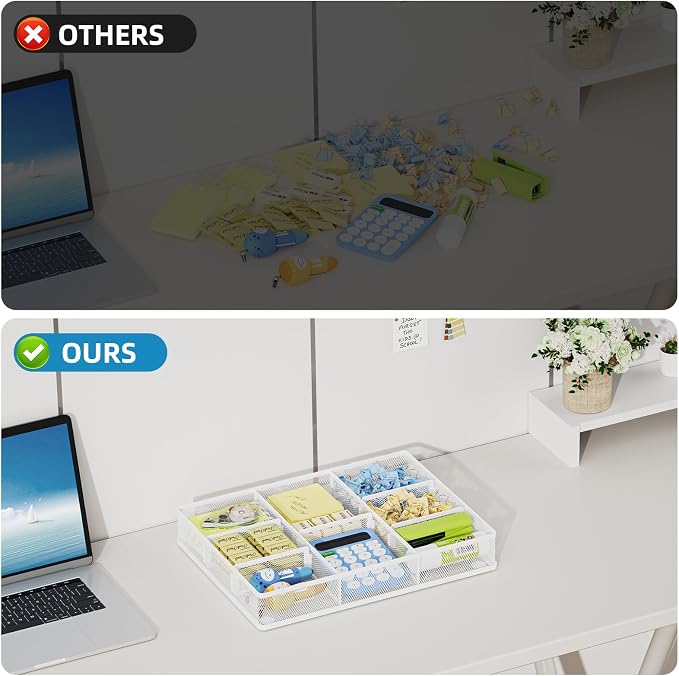 Marbrasse Desk Drawer Organizer, Metal Mesh Drawer Organizer Tray with 5 Adjustable Compartments,Desk Organizers and Accessories for Home,Office,Kitchen,Makeup,Vanity (White)