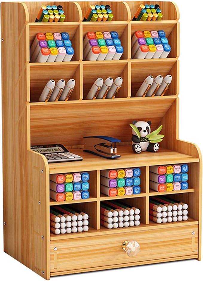 Marbrasse Wooden Desk Stationary Organizer, Multi-Functional Pen Holder, Storage Rack for School Home Office Art Supplie (B16-Cherry Color)