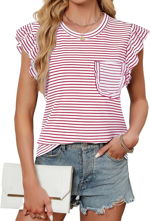 JUSTFASHIONNOW Womens Summer Tops Striped T-Shirts 2026 Ruffle Short Sleeve Crew Neck Casual Blouses with Pocket