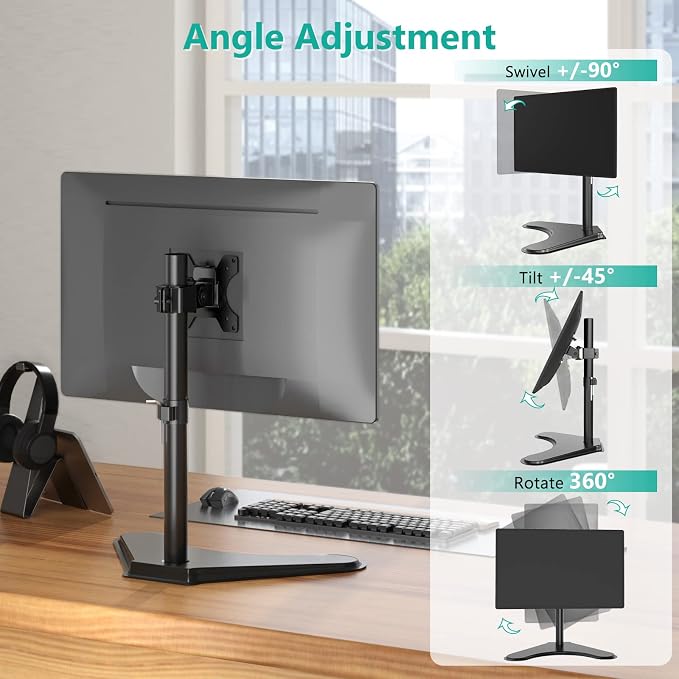 WALI Single Monitor Stand up to 32 Inch Screens, Freestanding Single Monitors Arm Desk Mount, Universal VESA Monitor Mount 75x75/100x100mm, Adjustable Height and Angle (MF001), Black