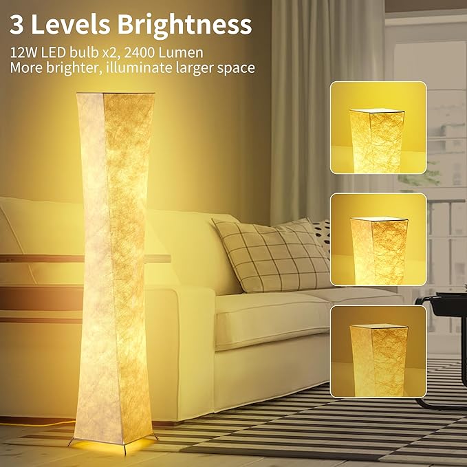 chiphy Floor Lamp, Dimmable 64" Tall Standing Lamp, 3 Levels Adjustable Brightness 12Wx2 LED Bulbs, Column Floor Light White Fabric Shade, Home Decor for Living Room, Bedroom, Kids Room