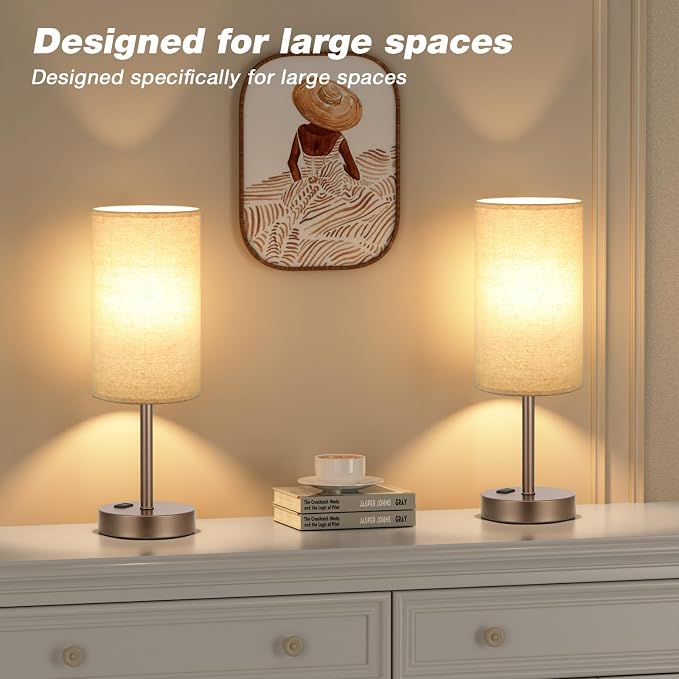 Fenmzee Touch Table Lamp - Beige, 3-Way Dimmable, USB A + C Charging, AC Outlet, 17.4inch Medium, Brown Metal Base