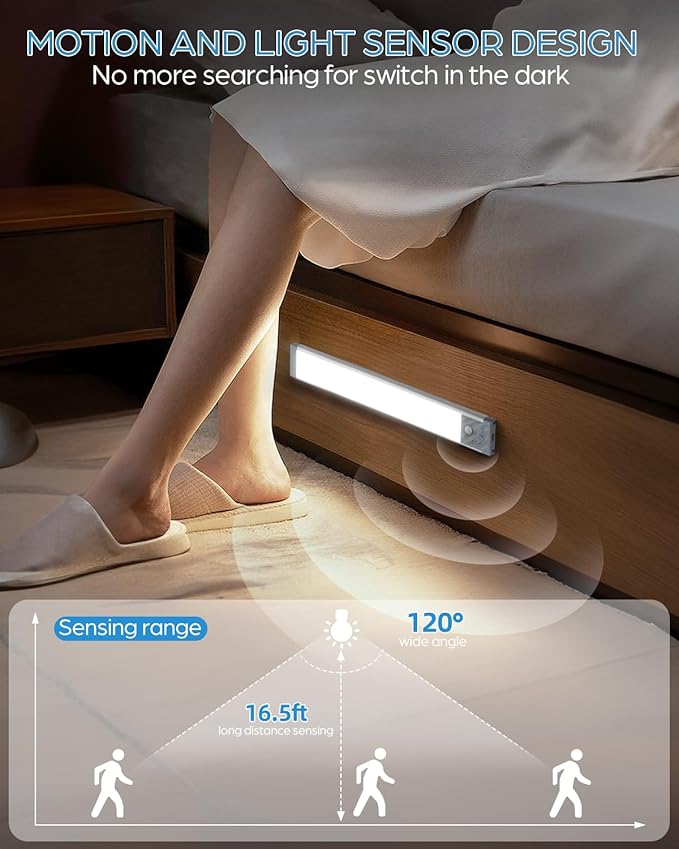 HIBOITEC Under Cabinet Lighting Rechargeable Closet Lights Wireless Motion Sensor Light Indoor, 50 LED Dimmable Magnetic Under Counter Light for Kitchen, Pantry, 2 Pack, Cool White Light, 10 inch