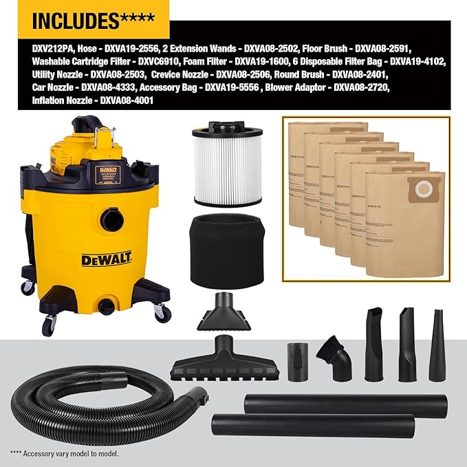 DEWALT 12 Gal Shop Vac, 5.5 HP Wet Dry Vac with Detachable Blower, High-Capacity Cleaner for Garage, Car, Workshop & Outdoor Leaves, All-in-1 DXV212PA (Reusable Bag)
