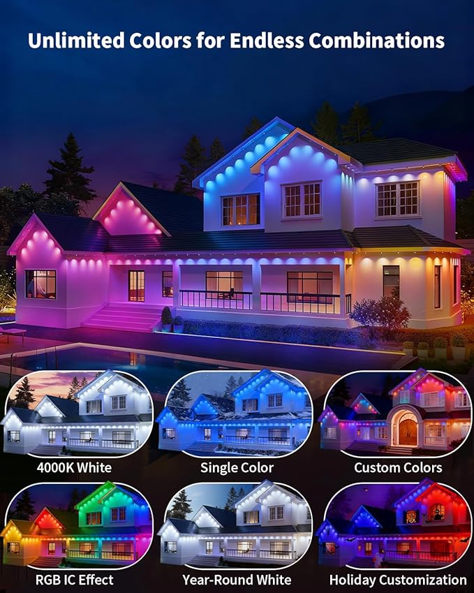 Permanent Outdoor Lights for House,200FT RGB IC Smart Permanent Eave Lighting with App/Remote Control,IP67 Waterproof,Music Sync,DIY Color Scenes,Year-Round Eaves Lighting for House Roof Decor
