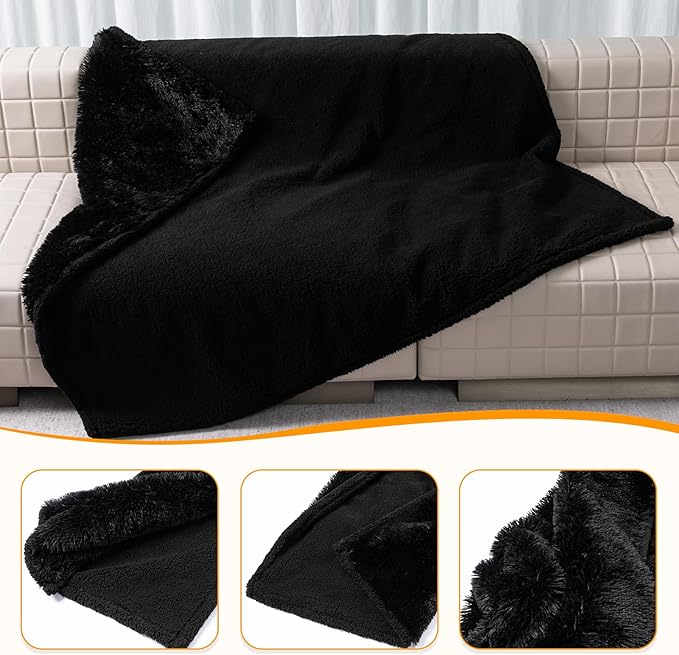 Calming Fleece Cat Blankets Black Waterproof Pets Blanket for Dogs Reversible Long Faux Fur Puppy Throw Blankets(Black,L)