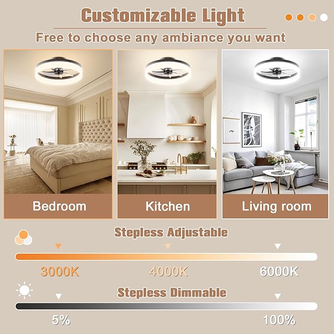 VOLISUN Low Profile Ceiling Fans with Lights and Remote,15.7in Modern Ceiling Fan Flush Mount,3000K-6500K Dimmable Bladeless LED Fan Light,Black Fandelier Ceiling Fans with Lights for Bedroom