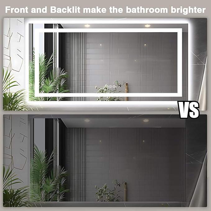 72"x36" Bathroom Mirror with Lights (Front and Backlit), Anti-Fog LED Lighted Bathroom Mirror, Stepless Dimmable Vanity Mirror, 3 Colors Smart Mirror (Horizontal/Vertical)