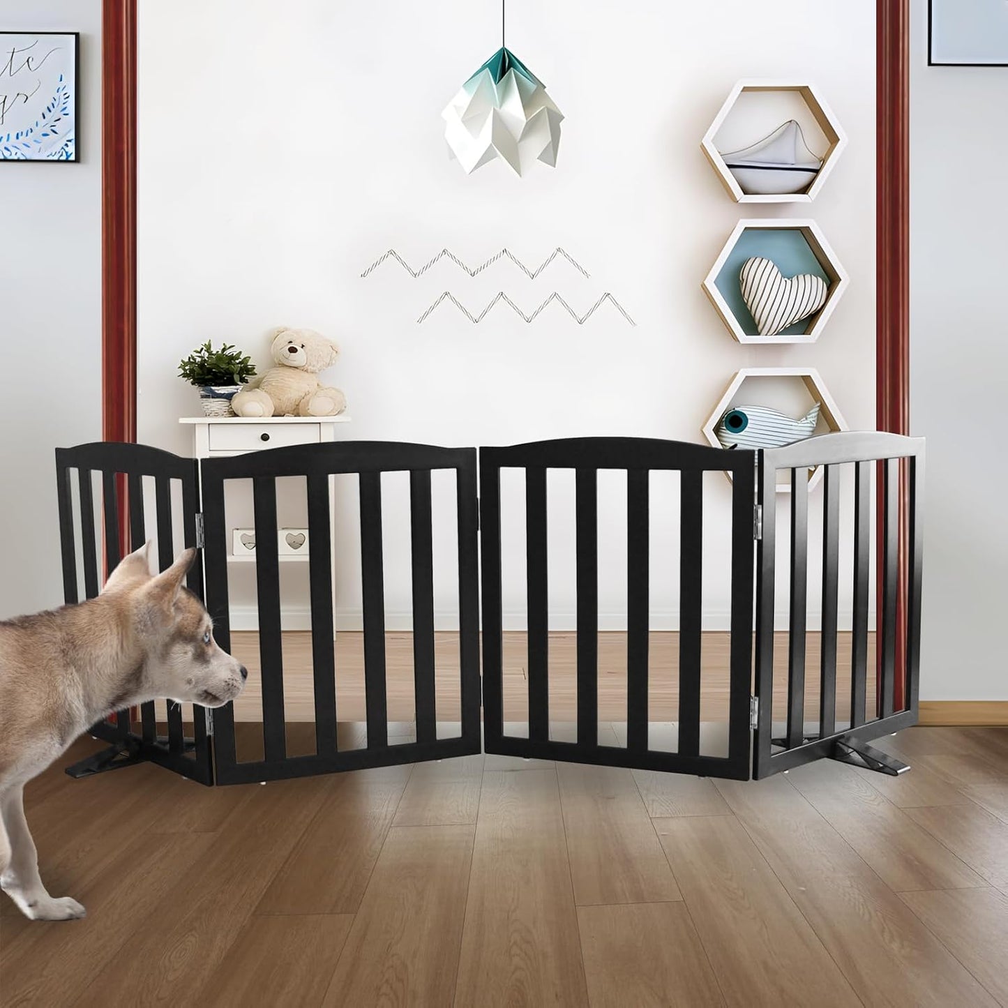 ZJSF Foldable Freestanding Indoor Dog Gate for House Wood Long Pet Gates Dog Fence for Stairs Puppy Gates for Hallways, Puppy Gate,Support Feet Included, Black, 24 "Height-4 Panels
