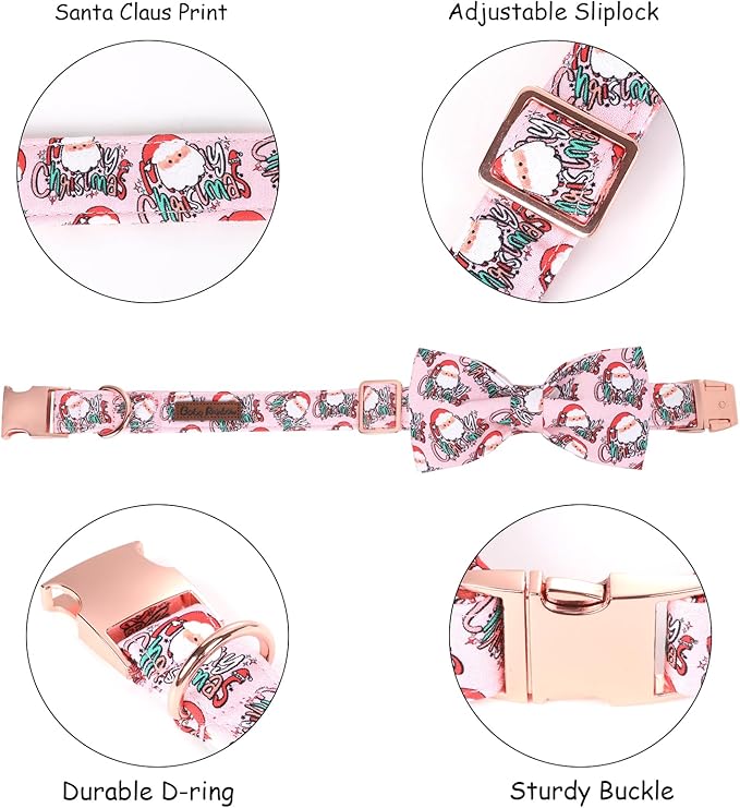 Christmas Dog Collar, Pink Christmas Santa Claus Dog Collar Bow Tie Pet Collars with Bow Adjustable Pet Collars with Premium Metal Buckle Dogs Necklace for Large Girl Dogs