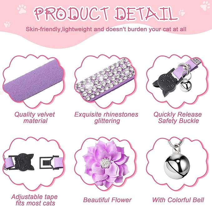 Cat Collars,Rhinestone for Girl Cats Bling Kitten Flower Adjustable Breakaway Collar with Bell Soft Velvet Leather Collar for Puppy Small Dogs (Pink1)
