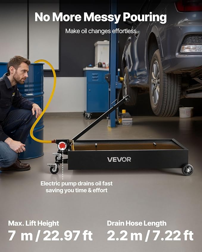 VEVOR Low Profile Oil Drain Pan, 20-Gallon Metal Oil Change Pan, Effective Oil Drain Cart with 180W Electric Pump, Wheels & Folding Handle, Oil Drain Tank for Cars, SUVs, Trucks, Buses, RVs