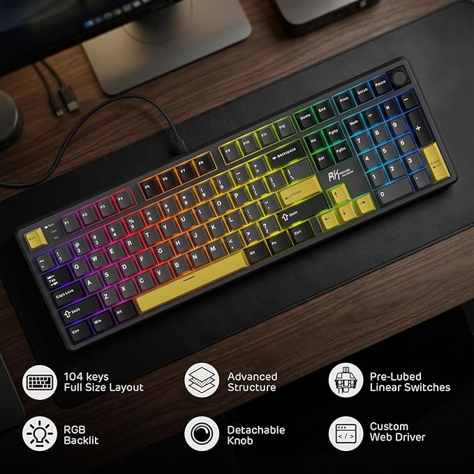 RK ROYAL KLUDGE X104 Wired Full Size Mechanical Gaming Keyboard, Metal Knob | Creamy Keyboard with Number Pad,104 Keys RGB Computer Keyboard Hot Swappable Linear Switch, Online Software for Wins/Mac