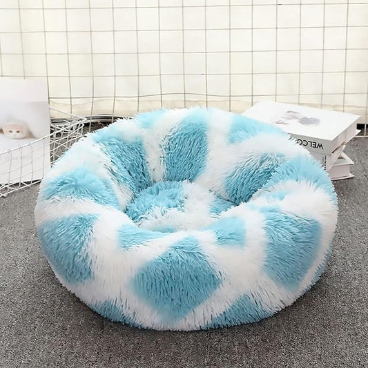 Calming Dog Bed for Small Dogs, Calming Donut Cuddler Pet Bed Anti Anxiety Round Dog Bed Fluffy Plush Faux Fur Cat Bed,Blue+White,23.6IN