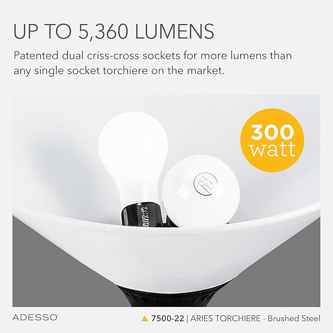 Adesso Brushed Steel Torchiere Floor Lamp with Frosted White Shade - 300W Double Socket Construction, Modern Accent Lighting for Bedroom, Living Room, or Home Office, 73” Tall